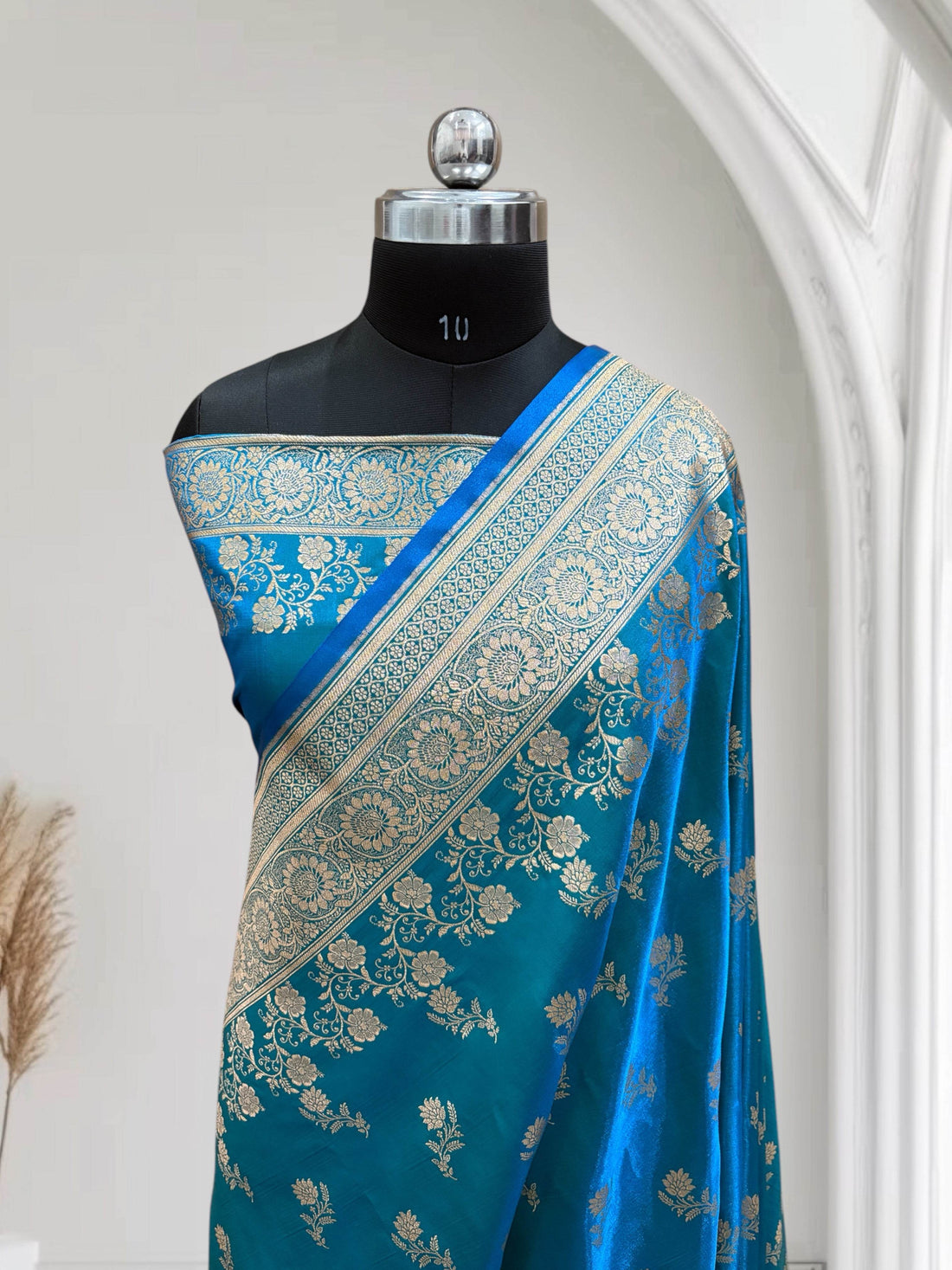 Firoza with Golden Zari Work and Rose Buti Design Satin Silk Banarasi Saree - Zohra Silk