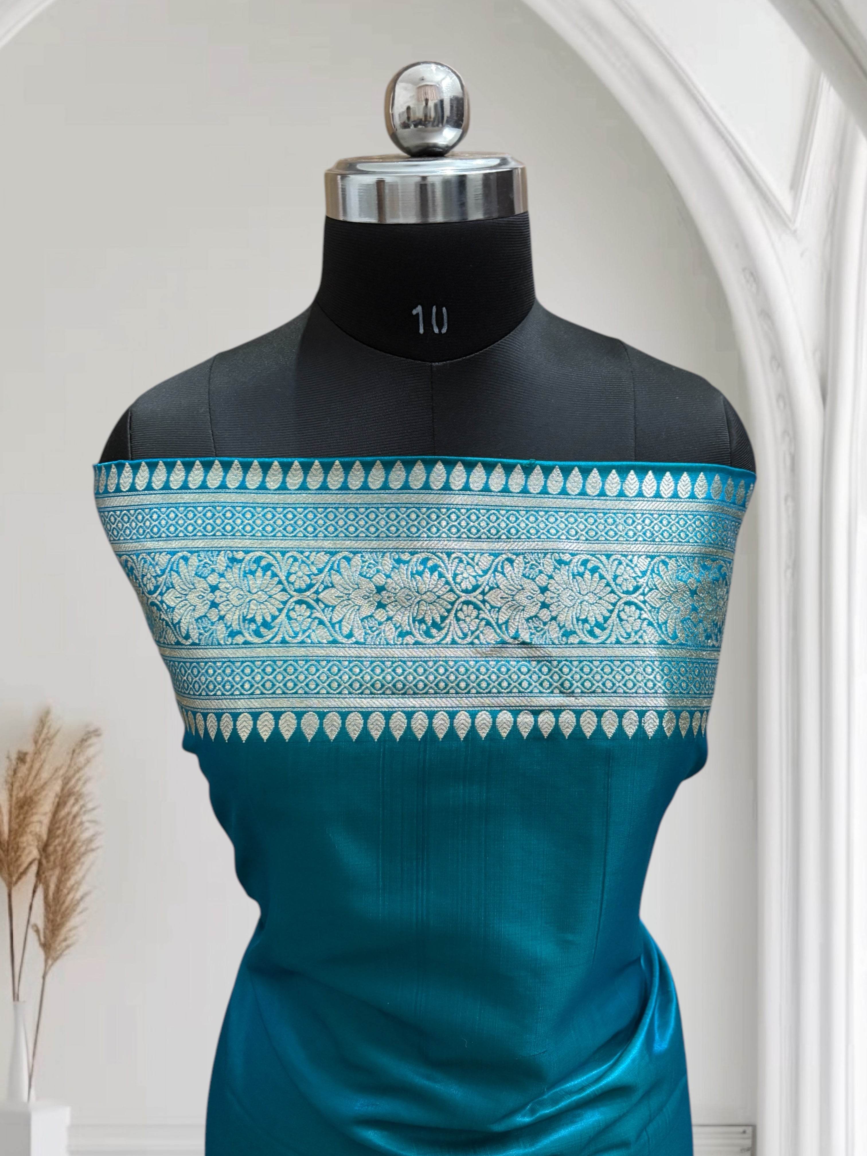 Blue-Green Jaal Pattern Satin Silk - Zohra Silk