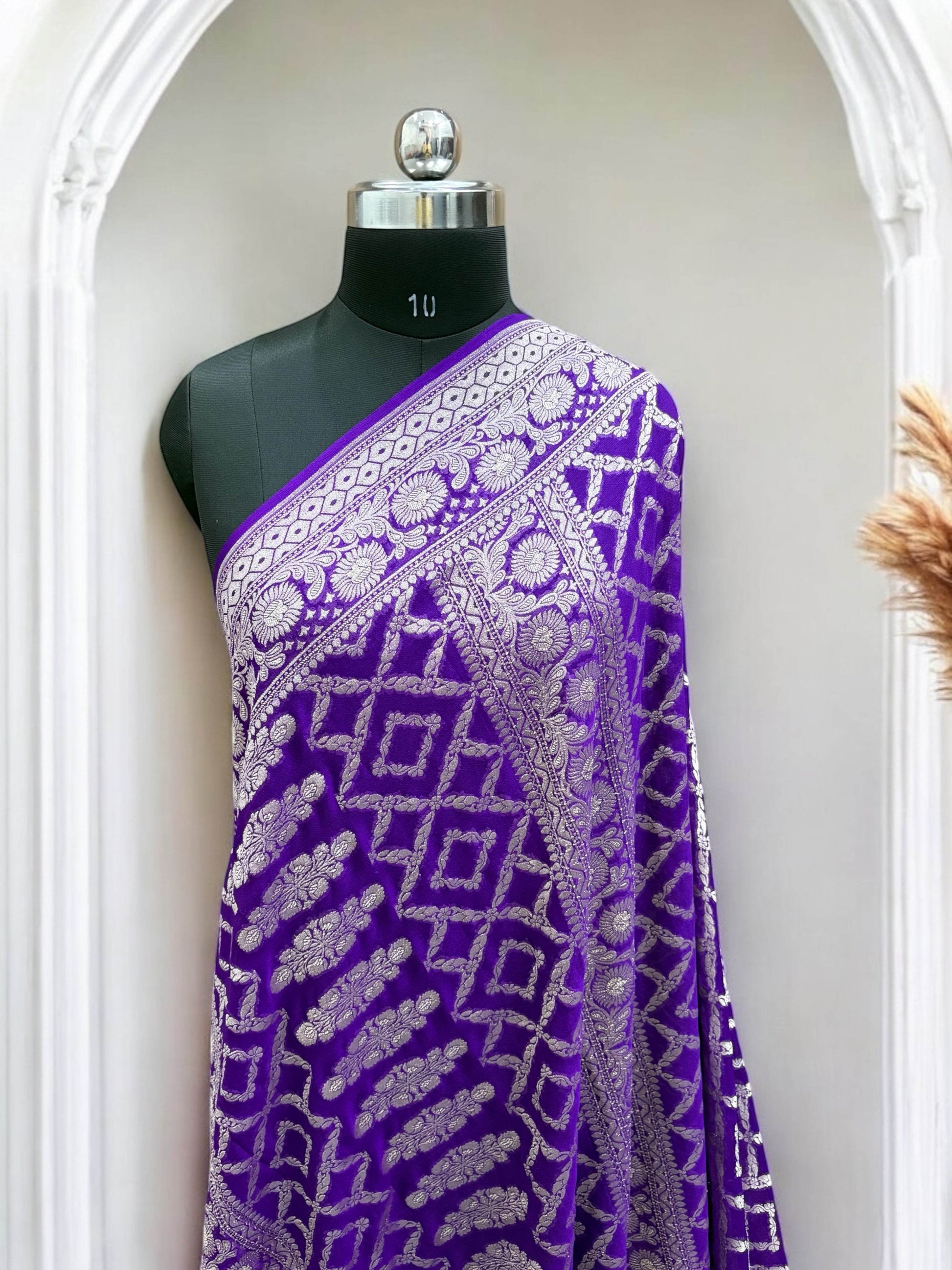 Blue-Magenta Violet Light Golden Zari Work Chiffon Pure Silk Banarasi Saree - Zohra Silk