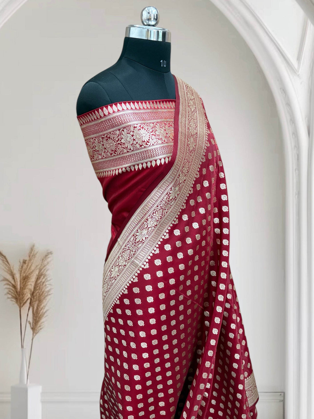 Maroon Buti Satin Silk Banarasi Saree - Zohra Silk