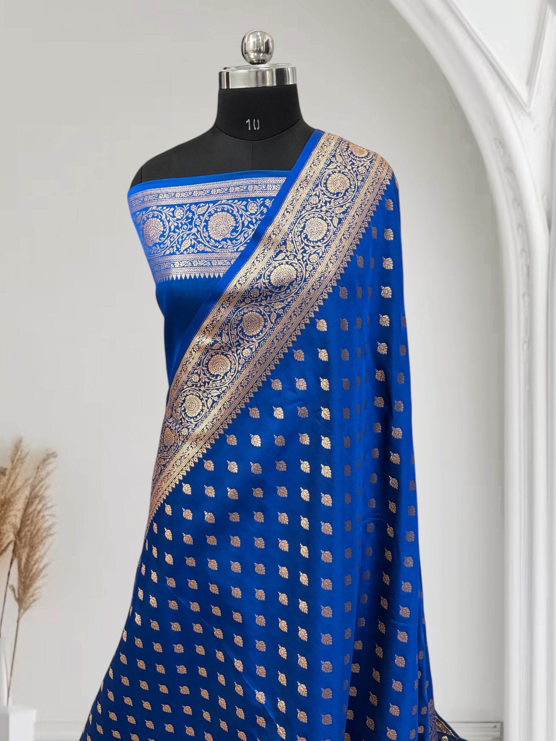 Royal Blue Buti Satin Kataan Silk Saree - Zohra Silk