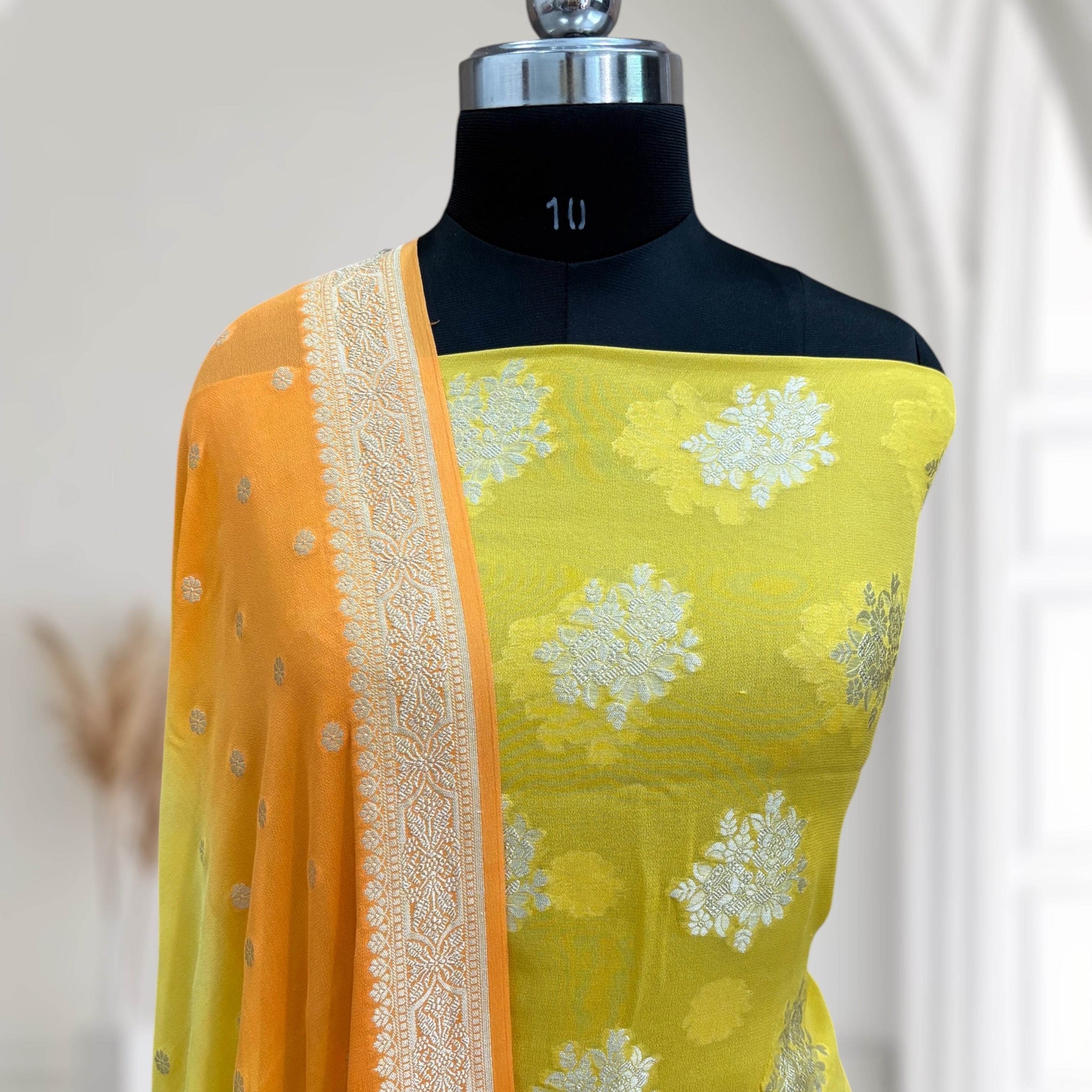 Yellow & Orange-Yellow Pure Chiffon Georgette Banarasi Suit - Zohra Silk