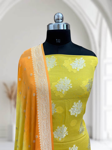 Yellow & Orange-Yellow Pure Chiffon Georgette Banarasi Suit - Zohra Silk