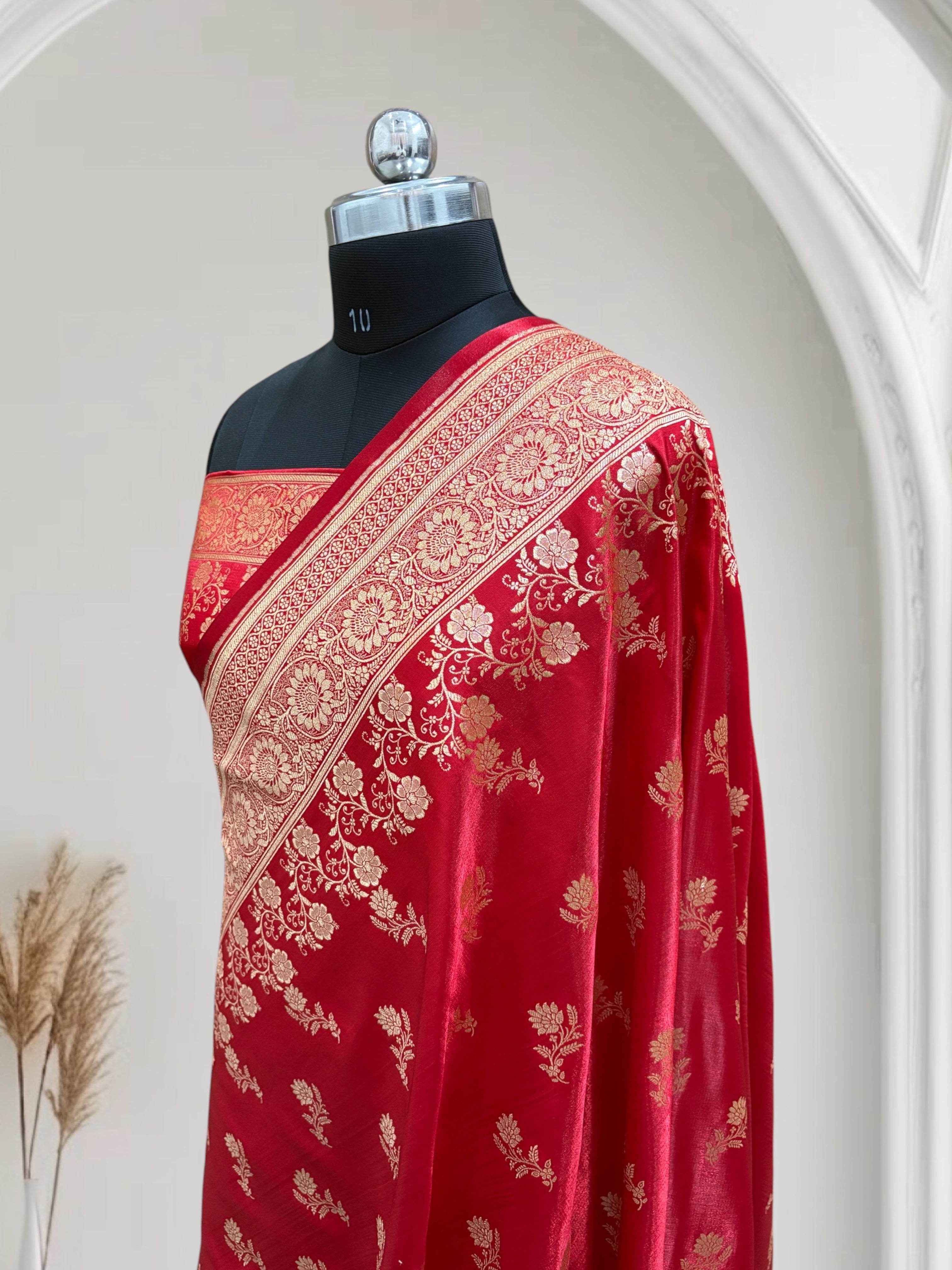 Red with Golden Zari Work and Rose Buti Design Satin Silk Banarasi Saree - Zohra Silk
