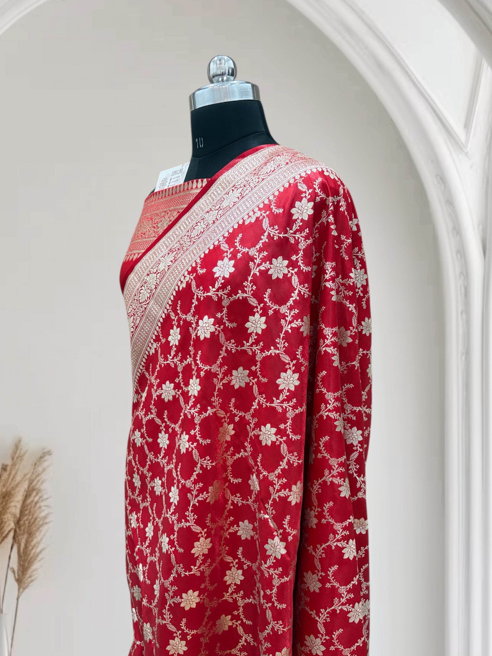 Satin Silk Banarasi Saree in Red - Zohra Silk