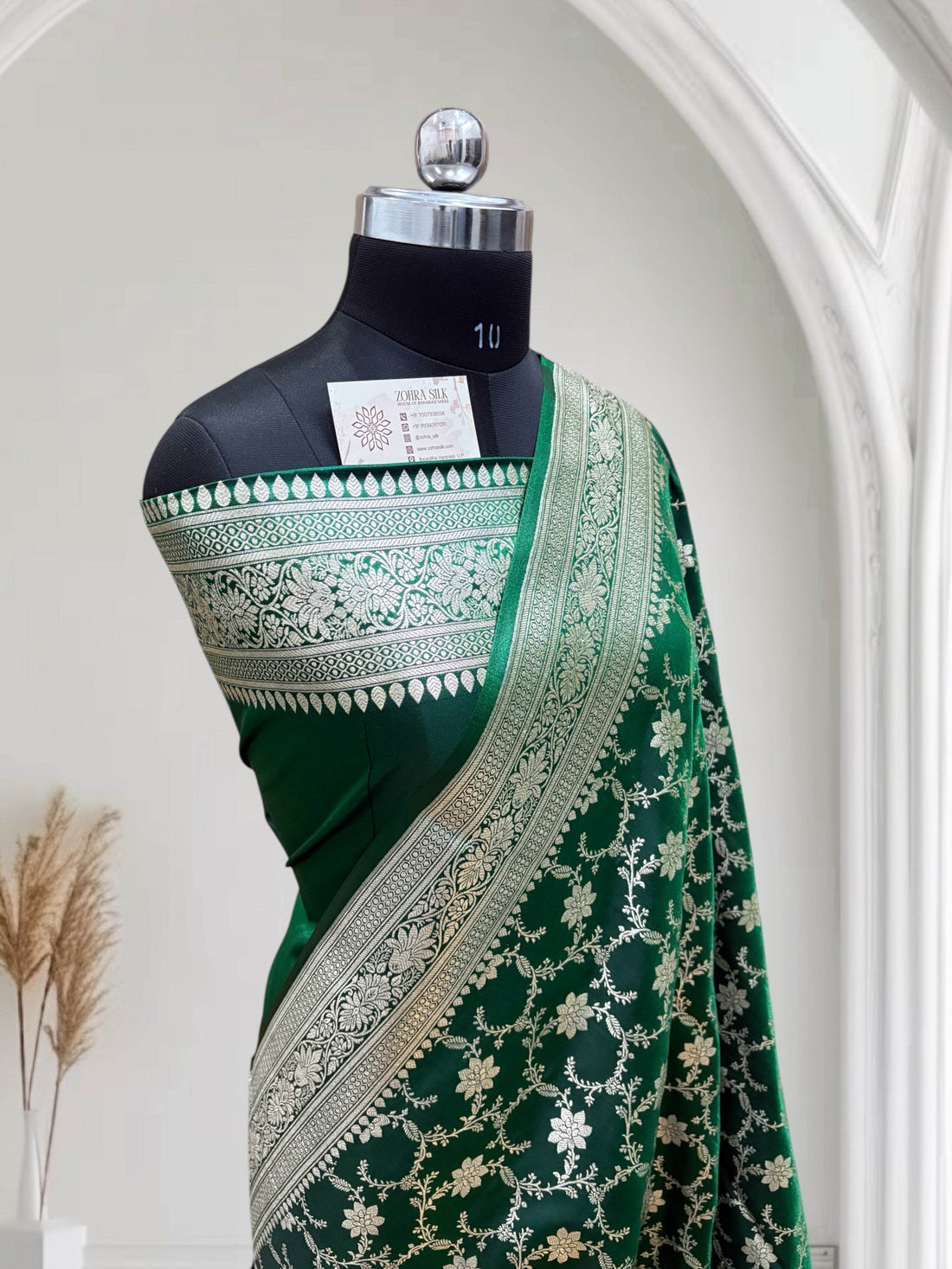 Satin Silk Banarasi Saree in Dark Green - Zohra Silk