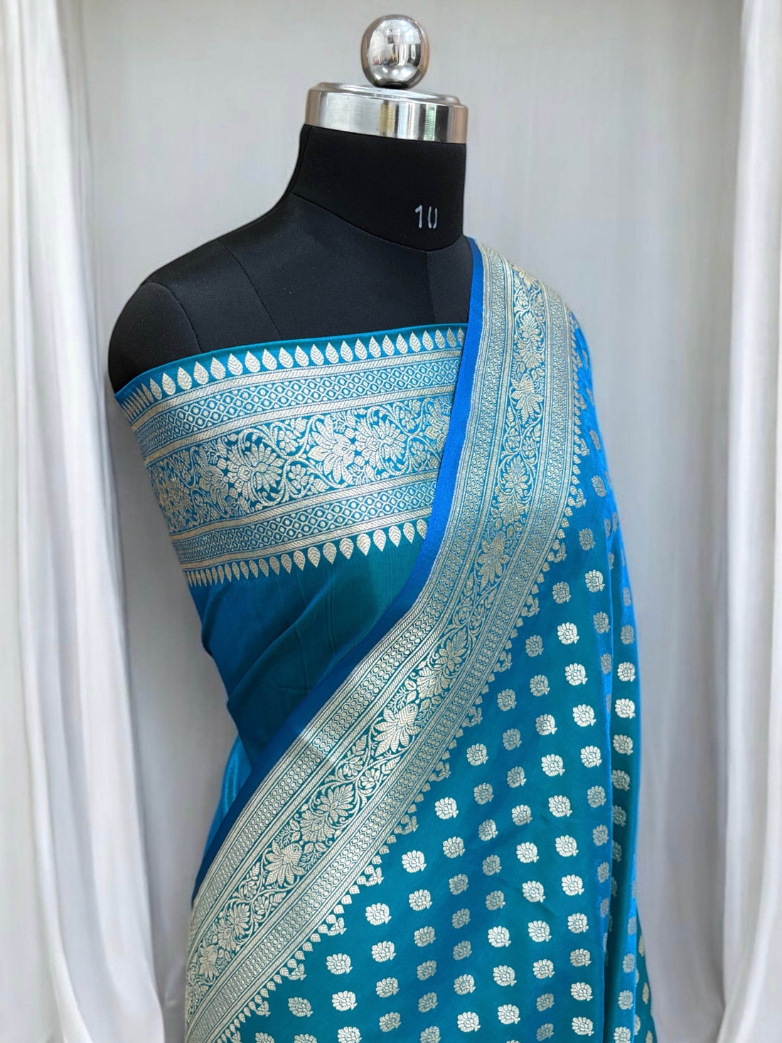 Blue-Green Buti Satin Silk Saree - Zohra Silk