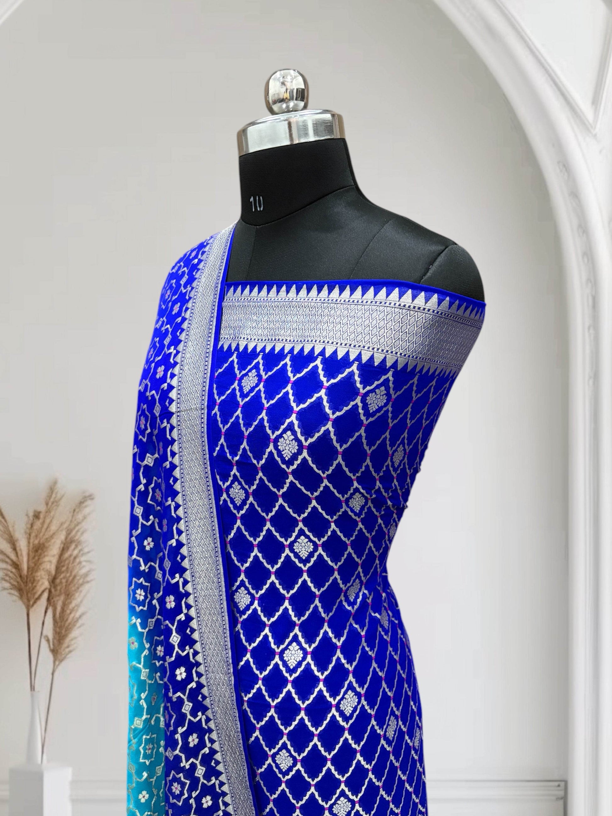Blue & Blue-Green Pure Chiffon Georgette Banarasi Suit - Zohra Silk