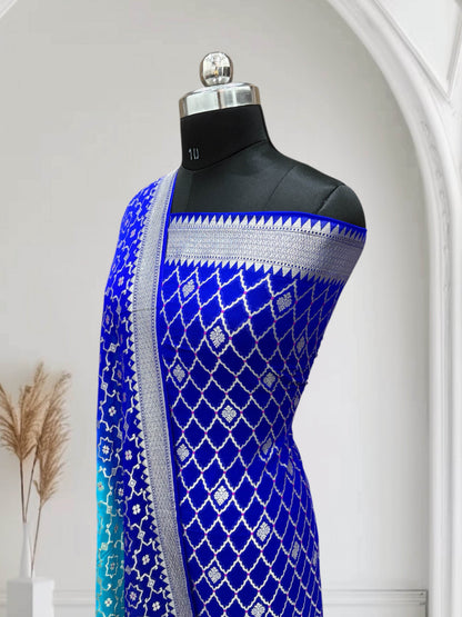 Blue & Blue-Green Pure Chiffon Georgette Banarasi Suit - Zohra Silk