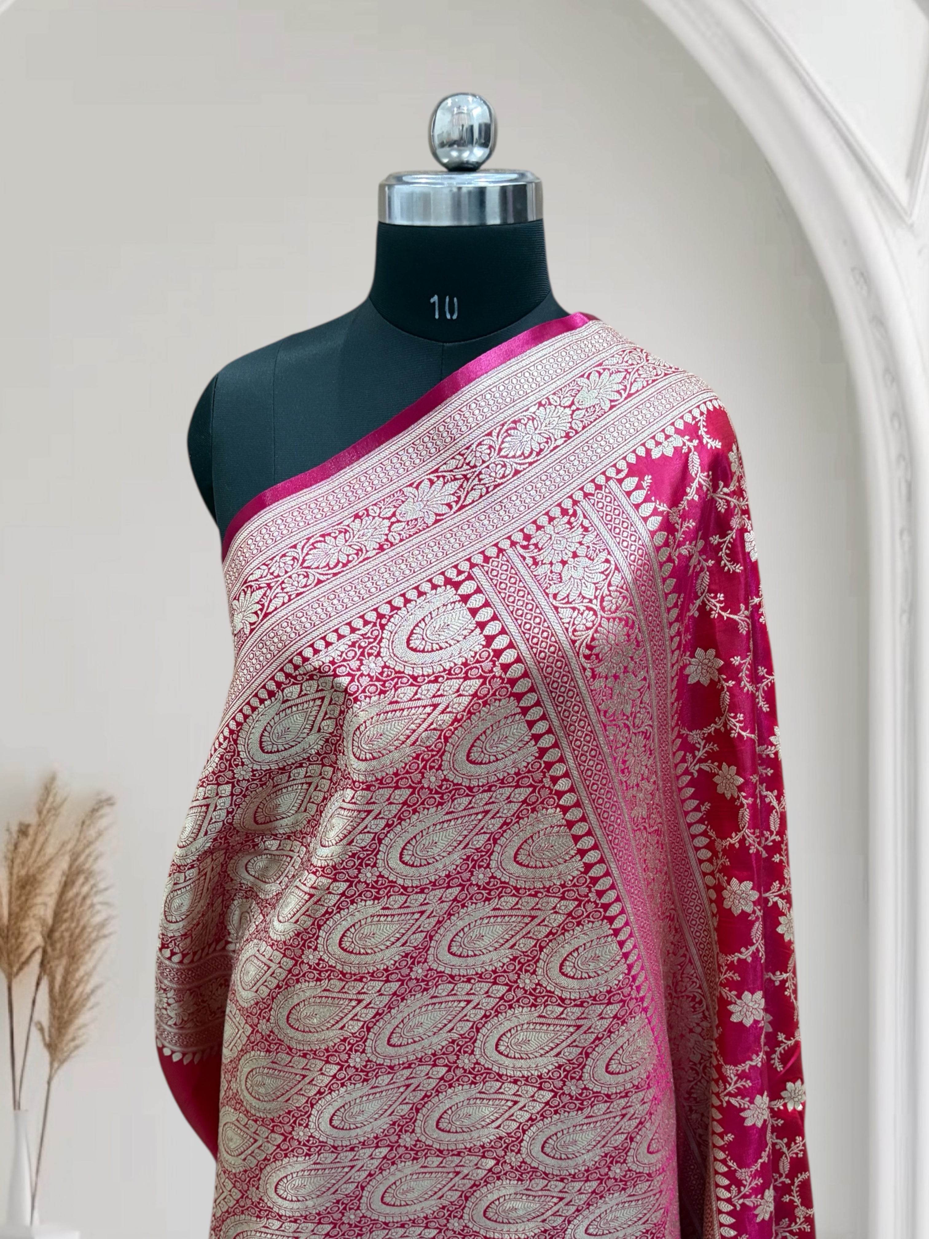 Satin Silk Banarasi Saree in Rani with Red Shaded - Zohra Silk