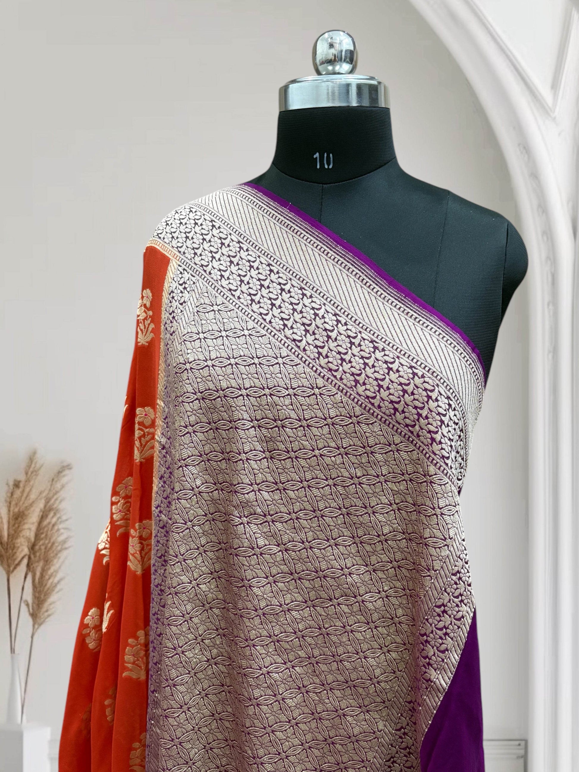 Orange & Violet Chiffon Pure Georgette Banarasi Saree - Zohra Silk