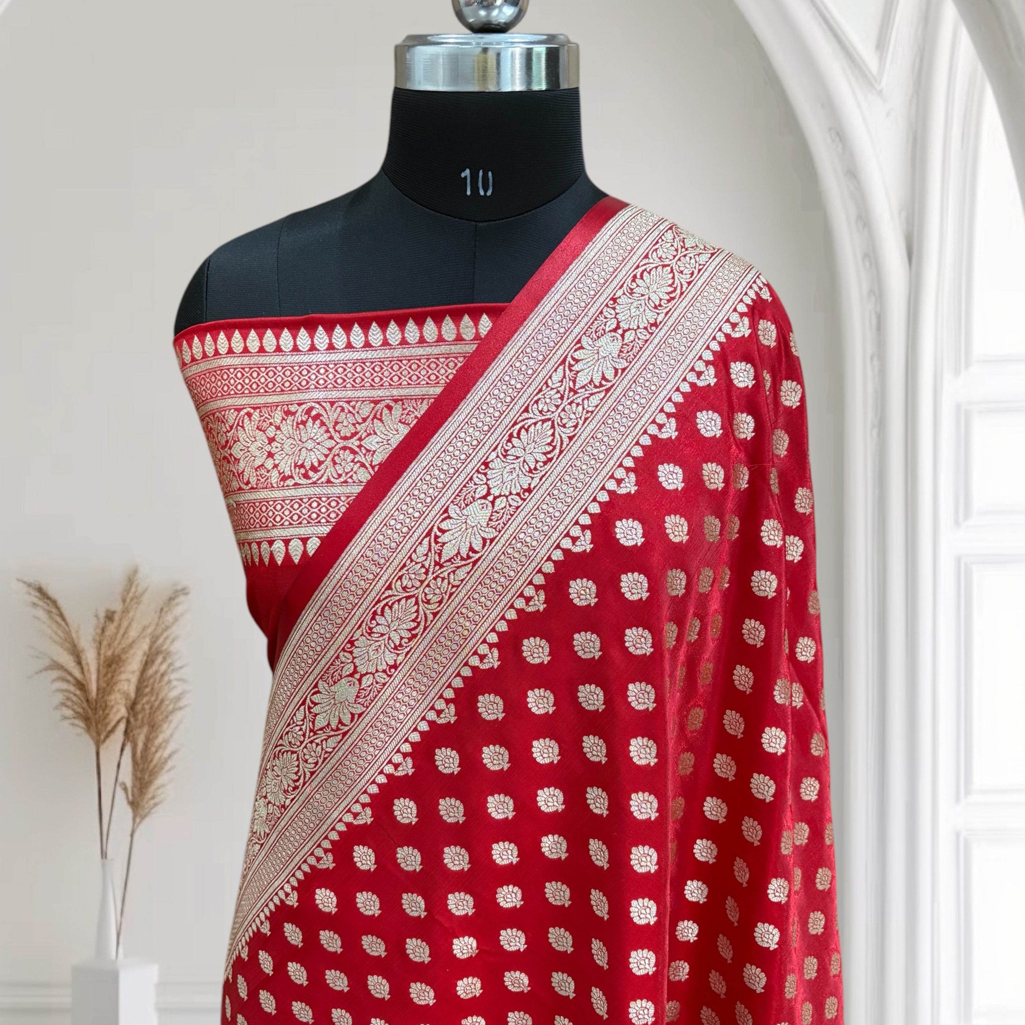 Red Buti Satin Silk Saree - Zohra Silk