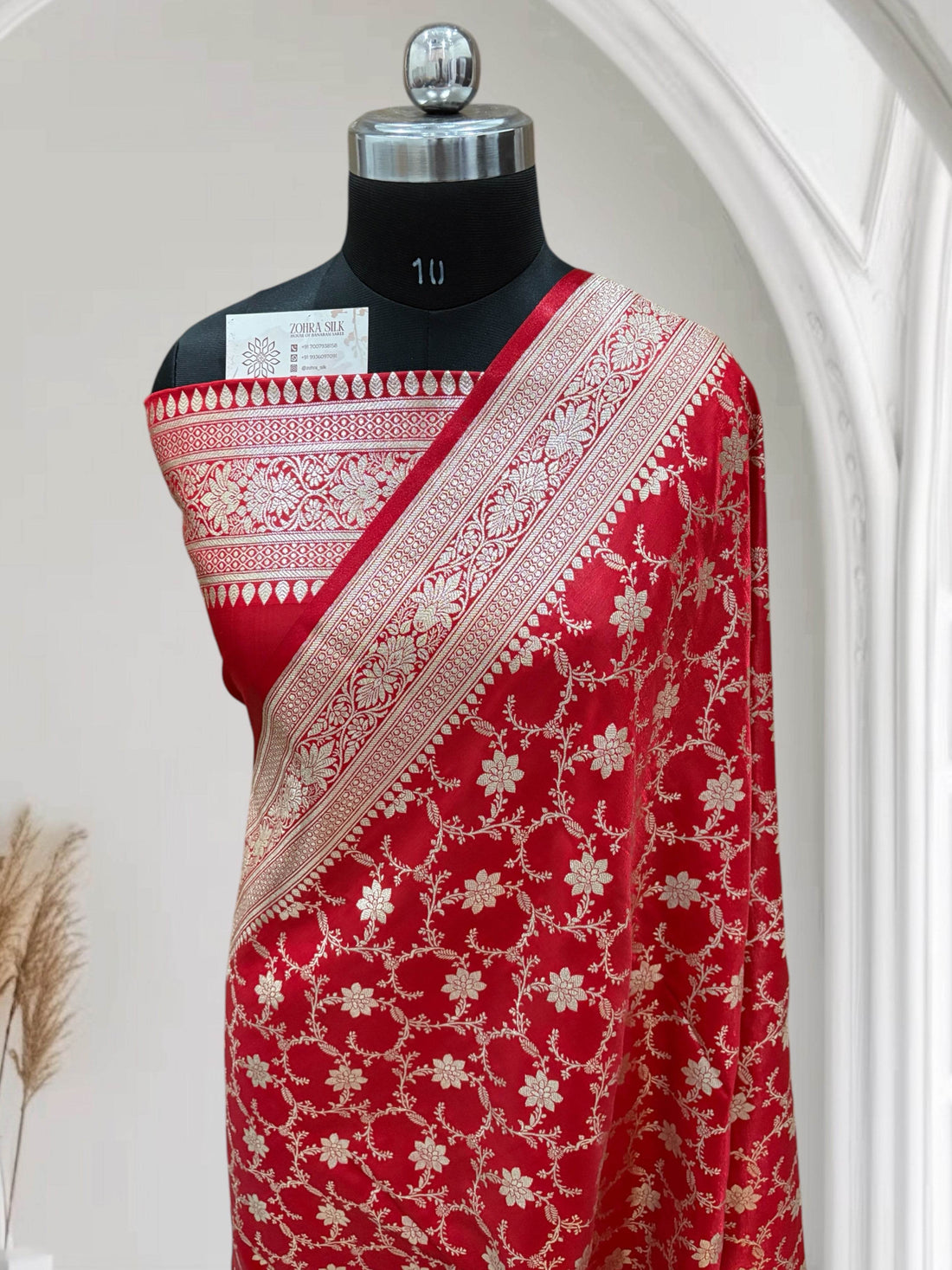 Red Jaal Pttern Satin Silk Saree - Zohra Silk