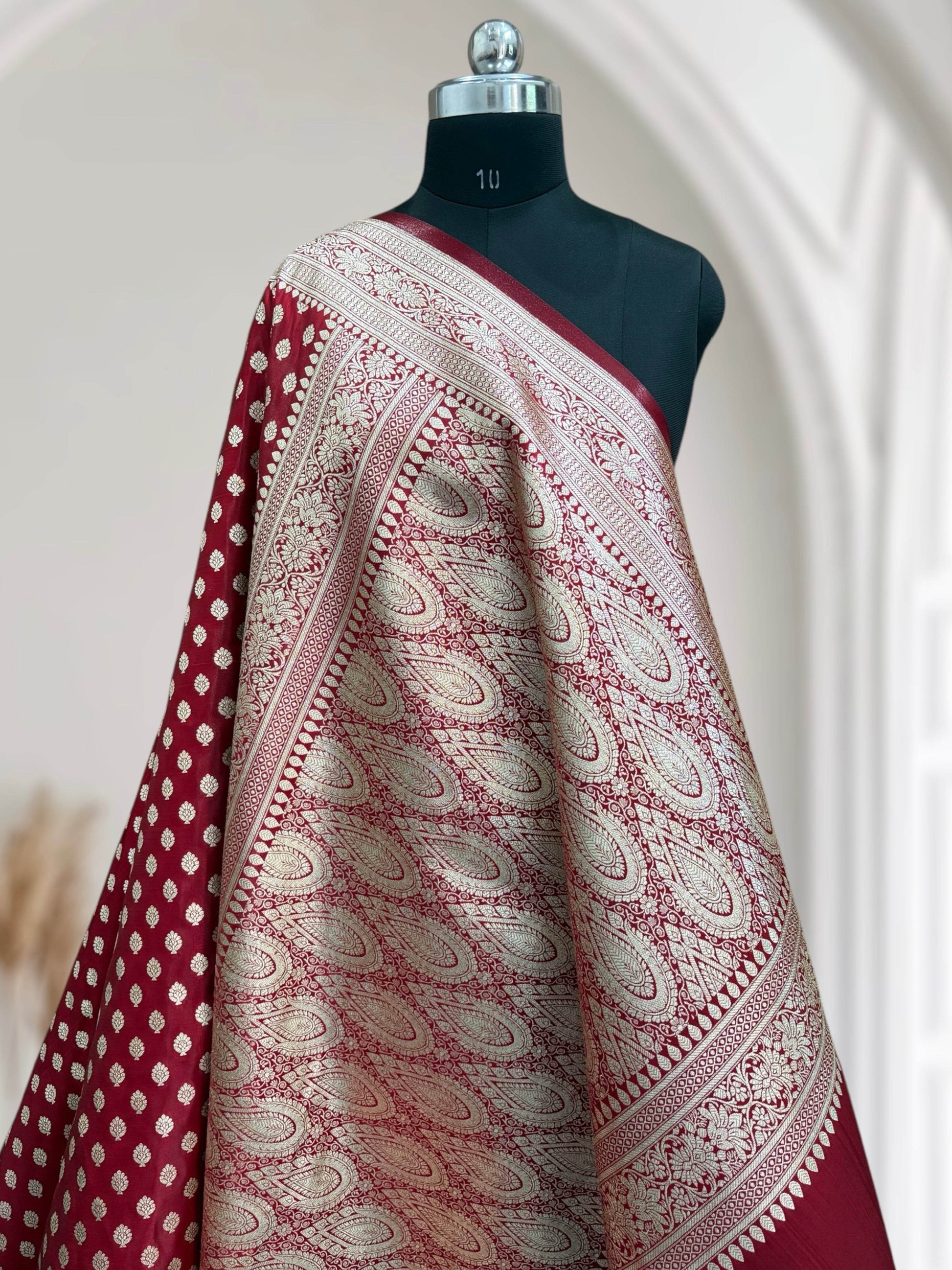 Maroon Buti Satin Silk Banarasi Saree - Zohra Silk