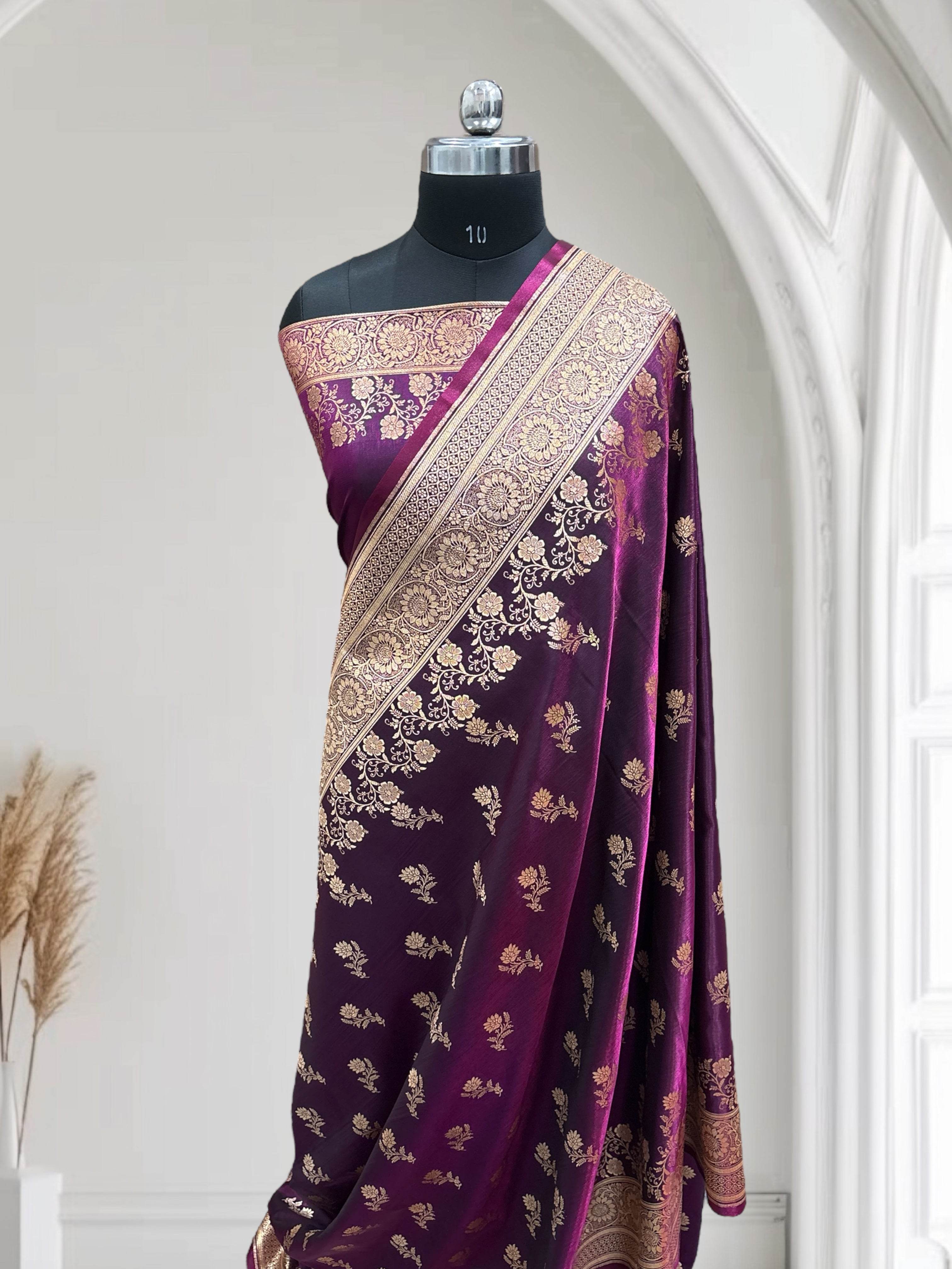 Magenta with Golden Zari Work and Rose Buti Design Satin Silk Banarasi Saree - Zohra Silk