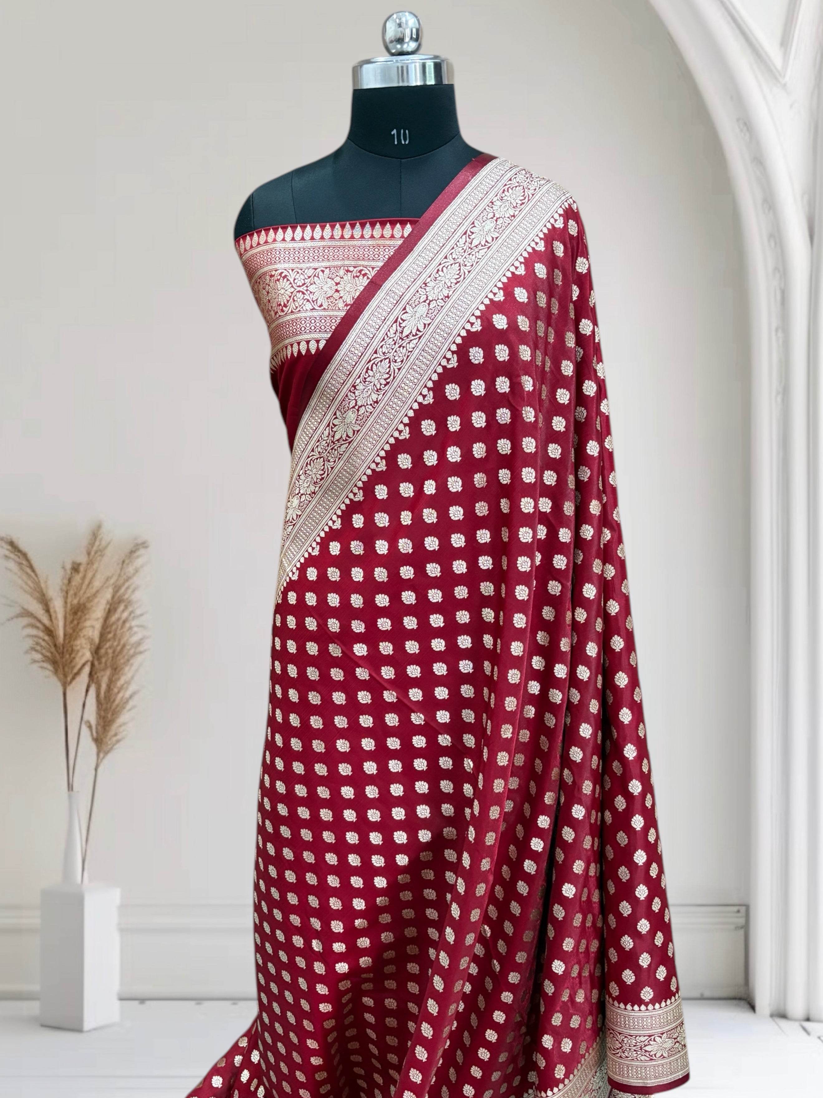 Maroon Buti Satin Silk Banarasi Saree - Zohra Silk