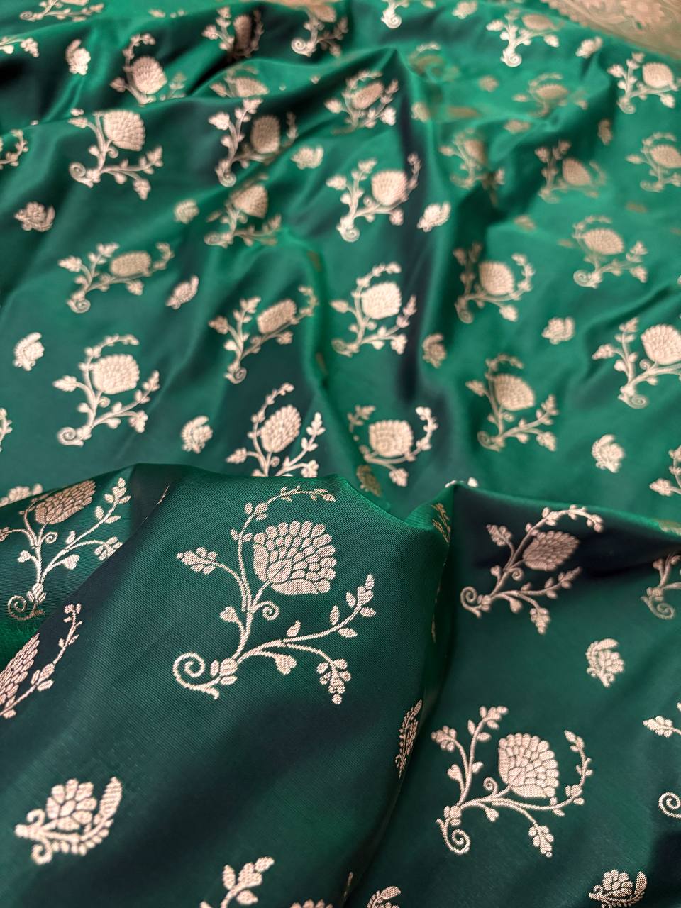 Dark Green Floral Buti Satin Silk Banarasi Saree