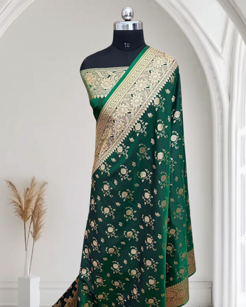 Dark Green Floral Buti Satin Silk Banarasi Saree