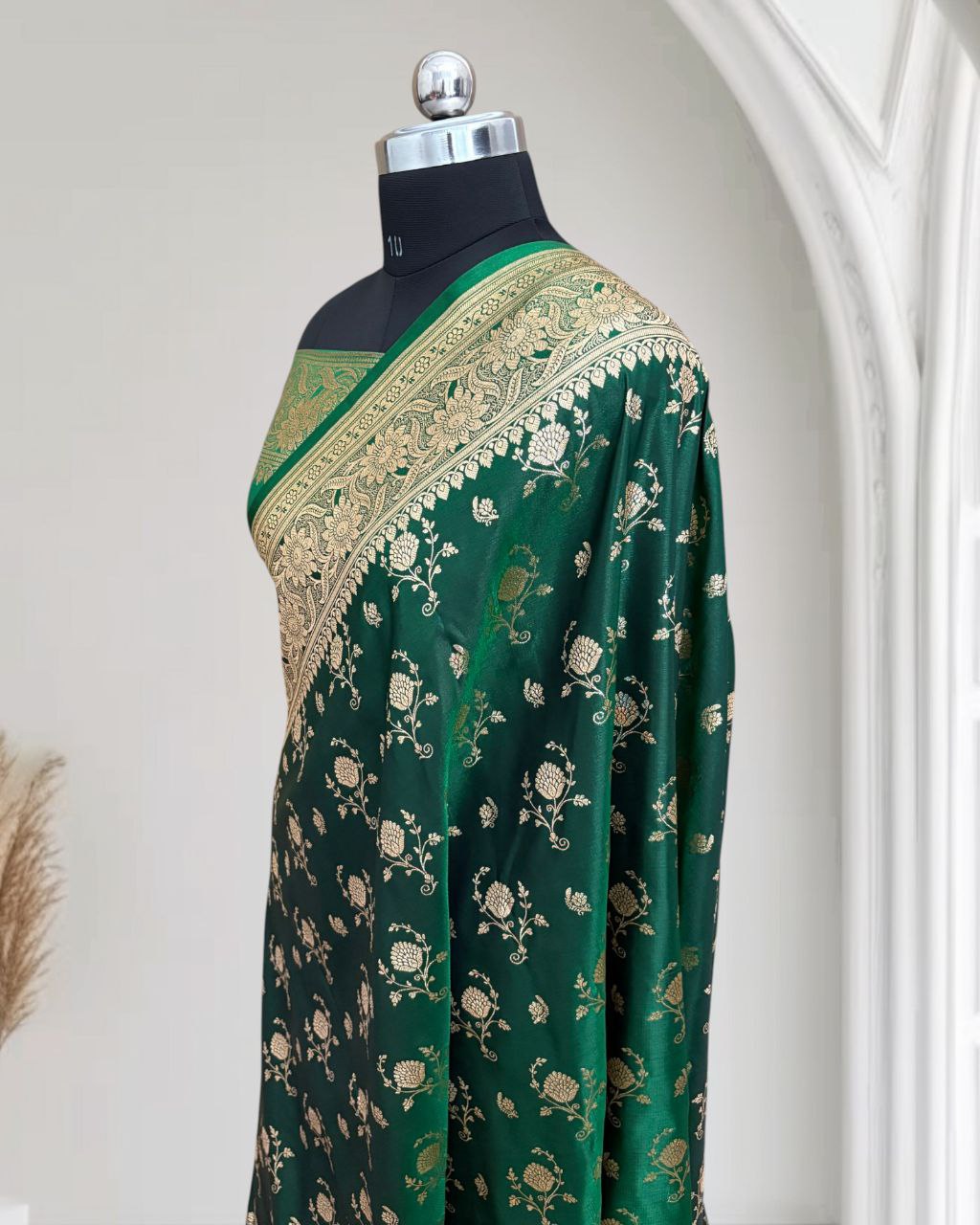 Dark Green Floral Buti Satin Silk Banarasi Saree