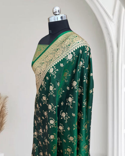 Dark Green Floral Buti Satin Silk Banarasi Saree