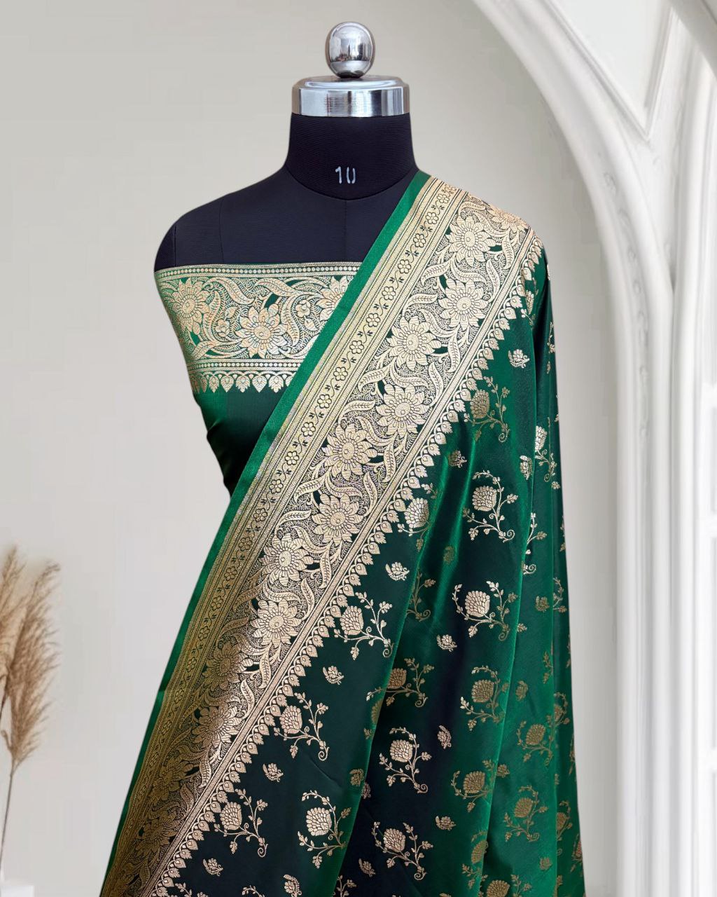 Dark Green Floral Buti Satin Silk Banarasi Saree