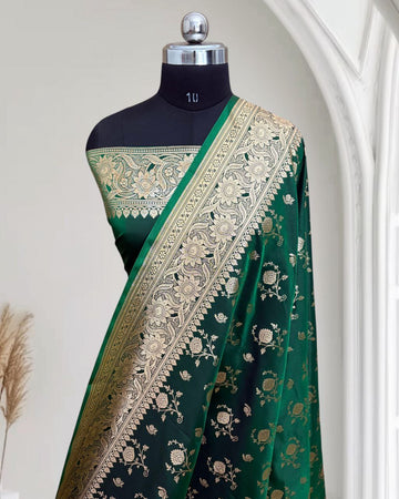 Dark Green Floral Buti Satin Silk Banarasi Saree