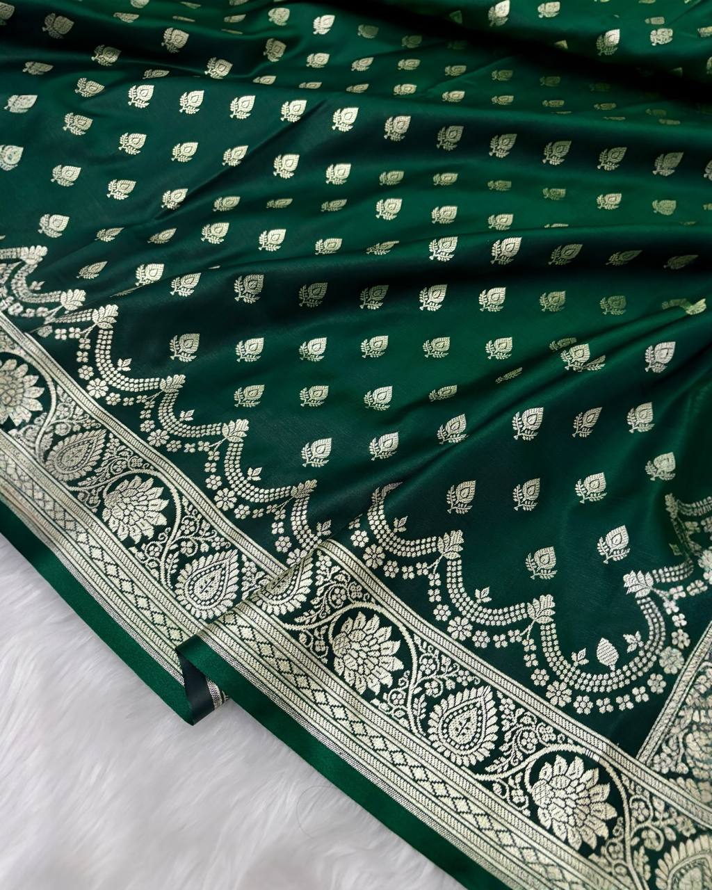 Botel Green Satin Silk Banarasi Saree Silver Motif
