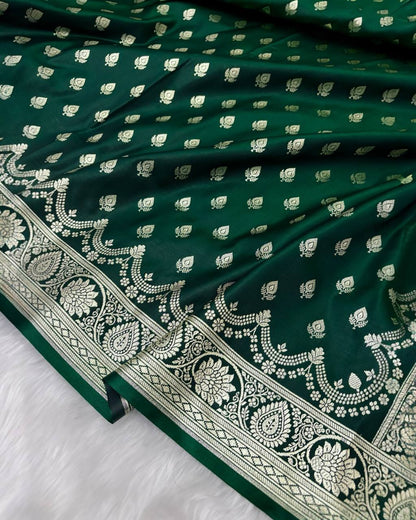 Botel Green Satin Silk Banarasi Saree Silver Motif