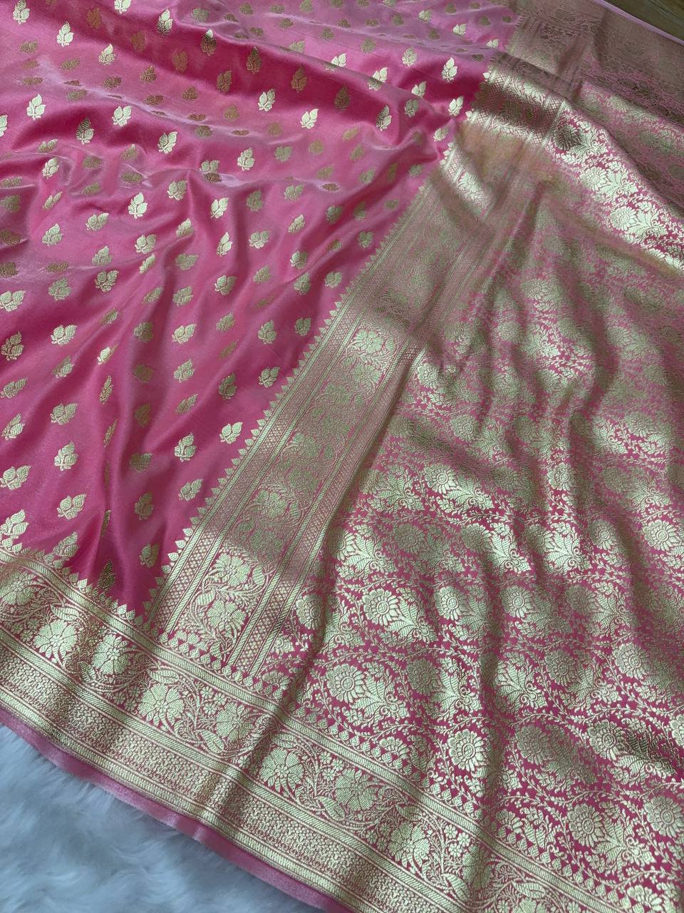 Baby Pink Satin Silk Banarasi Saree