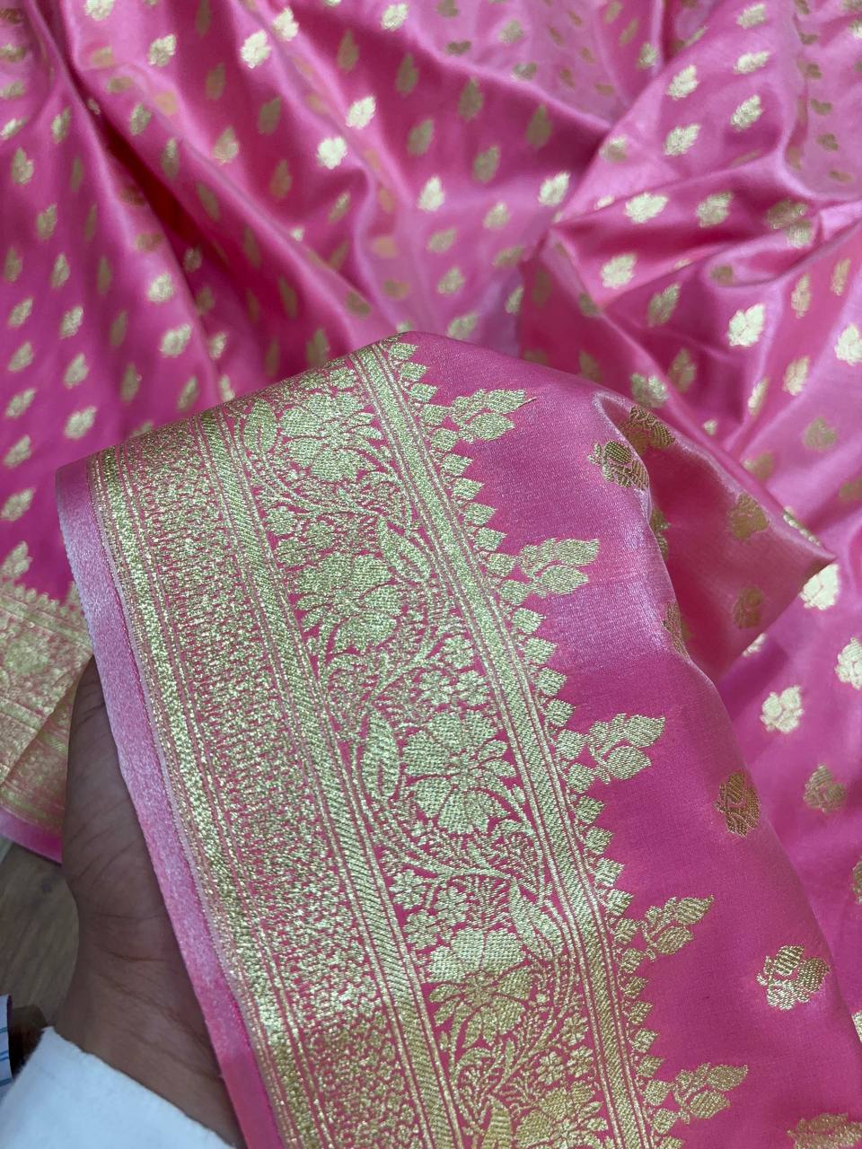 Baby Pink Satin Silk Banarasi Saree