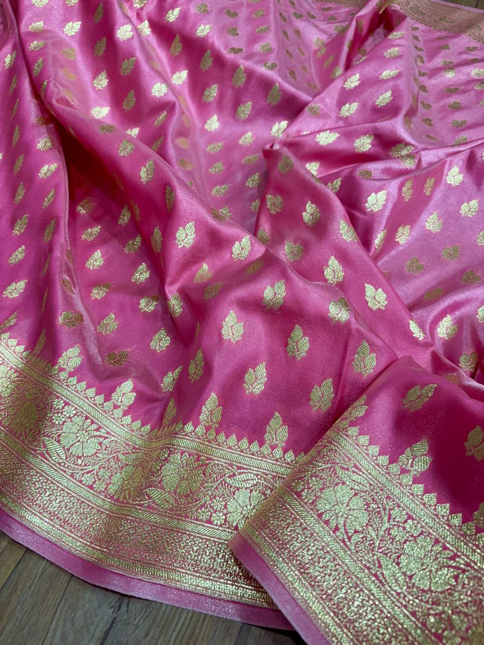 Baby Pink Satin Silk Banarasi Saree