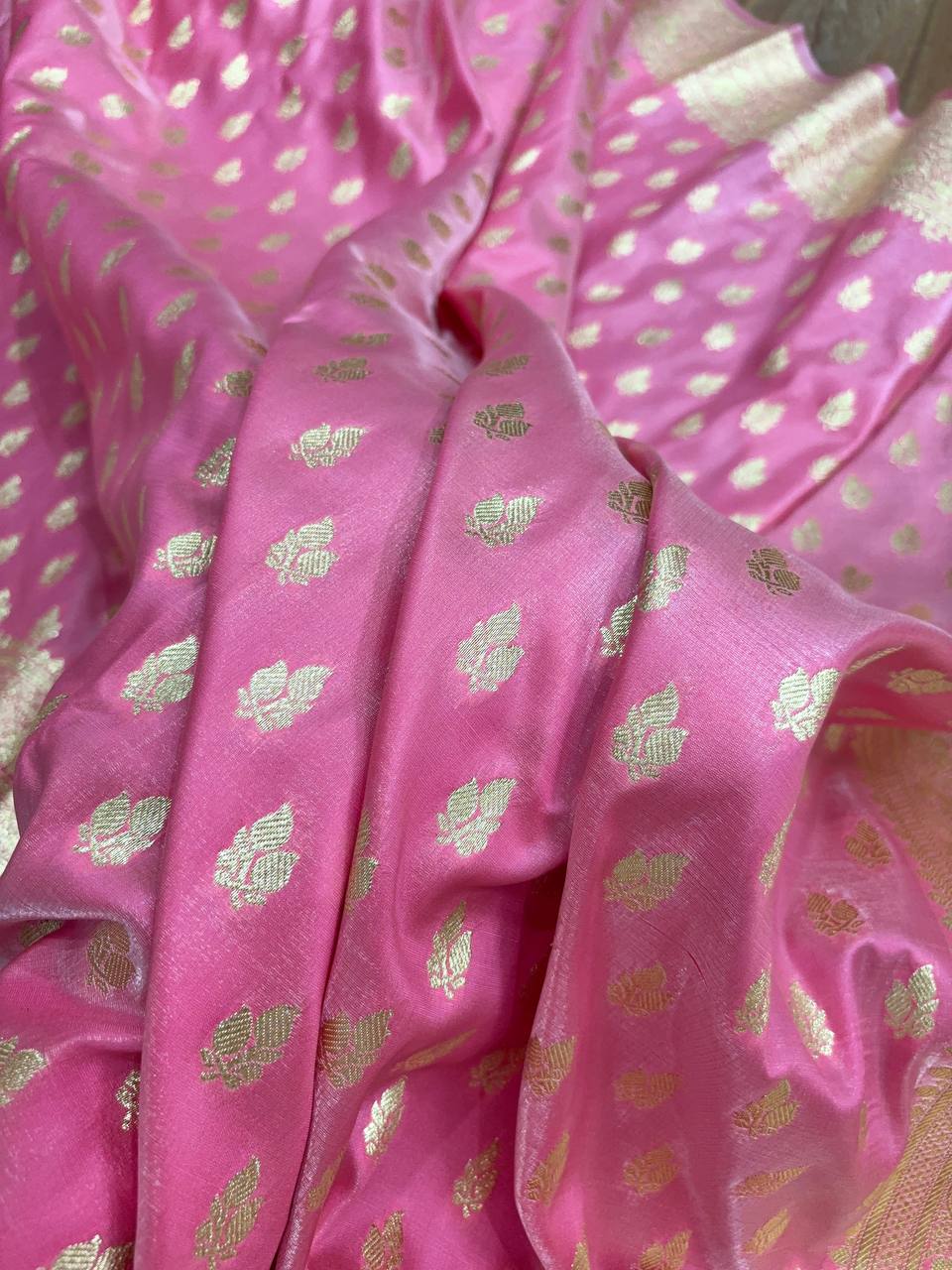 Baby Pink Satin Silk Banarasi Saree