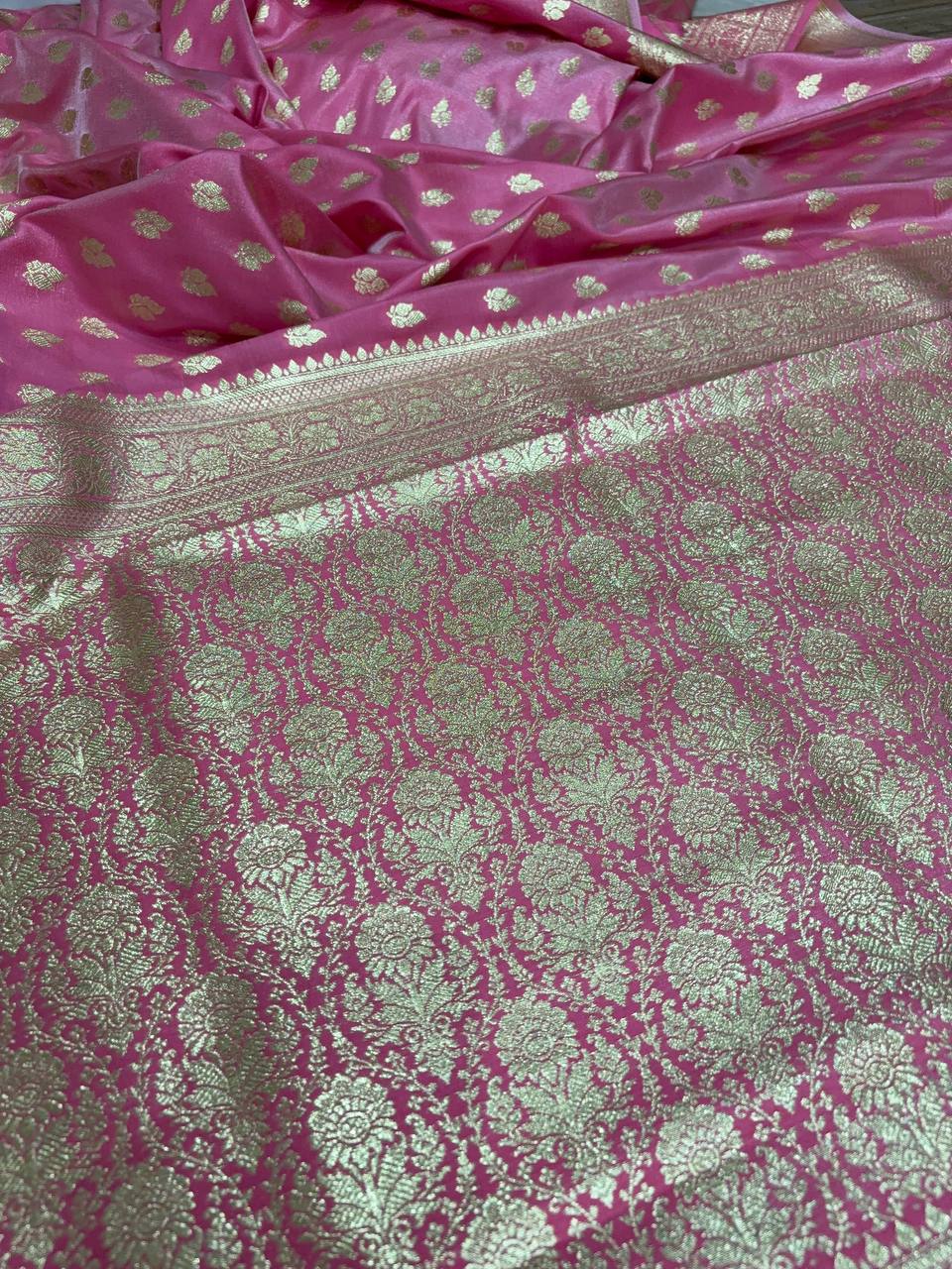 Baby Pink Satin Silk Banarasi Saree