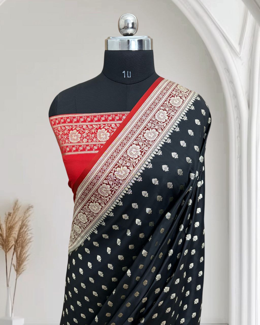 Black & Red Satin Kataan Silk Banarasi Saree