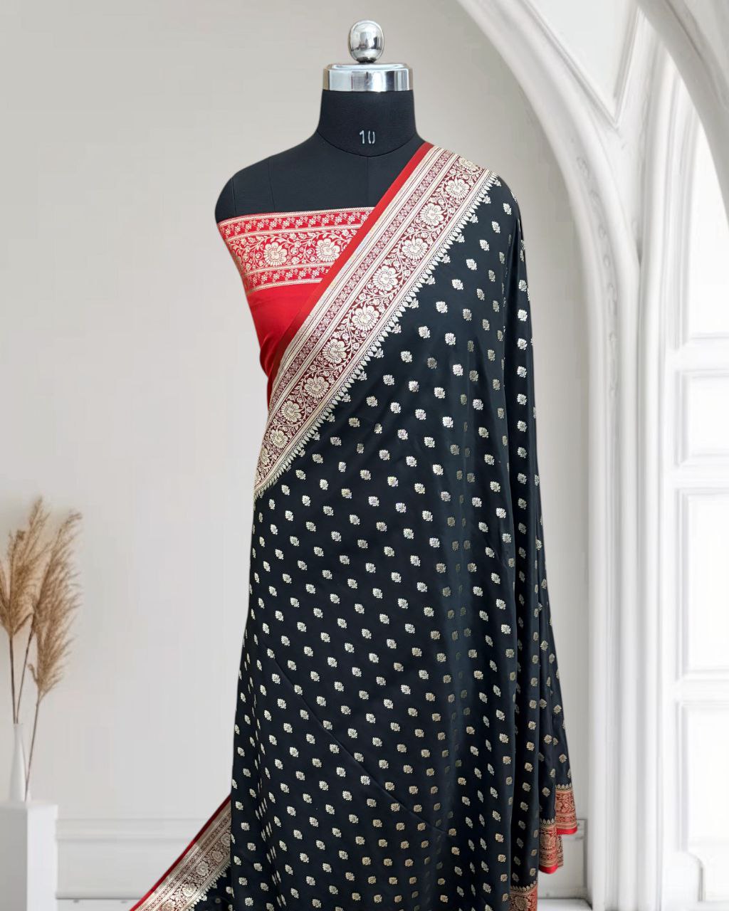Black & Red Satin Kataan Silk Banarasi Saree