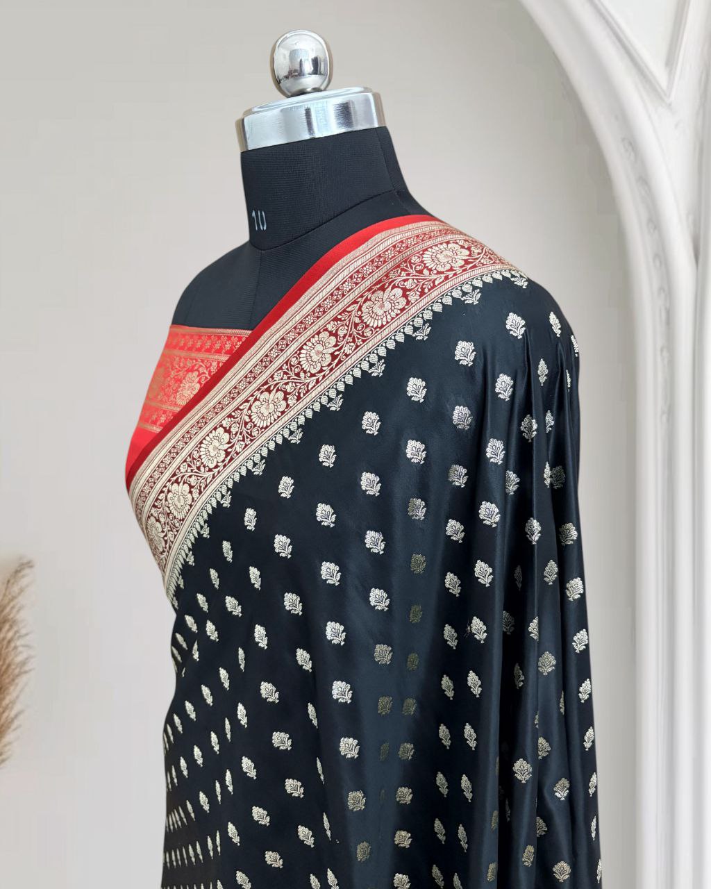 Black & Red Satin Kataan Silk Banarasi Saree