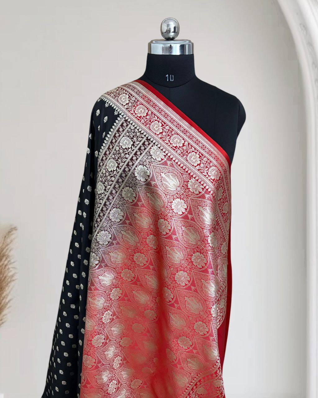 Black & Red Satin Kataan Silk Banarasi Saree