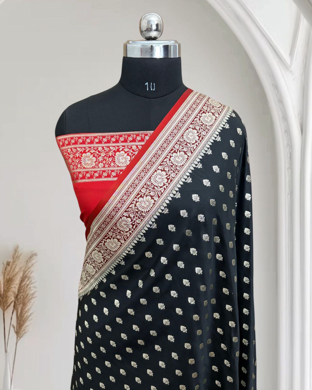 Black & Red Satin Kataan Silk Banarasi Saree