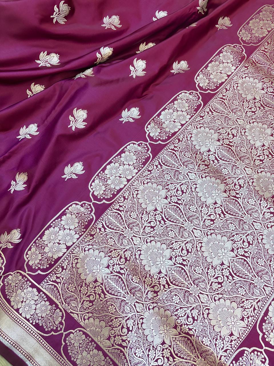 Magenta Dual-Tone Satin Silk Banarasi Saree – Buti Design