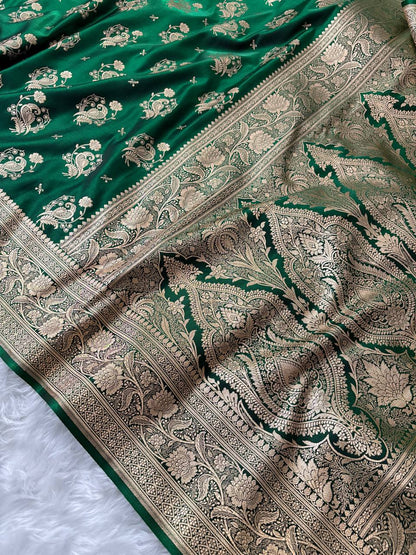 MorPankhi Botel Green Satin Silk Banarasi Saree