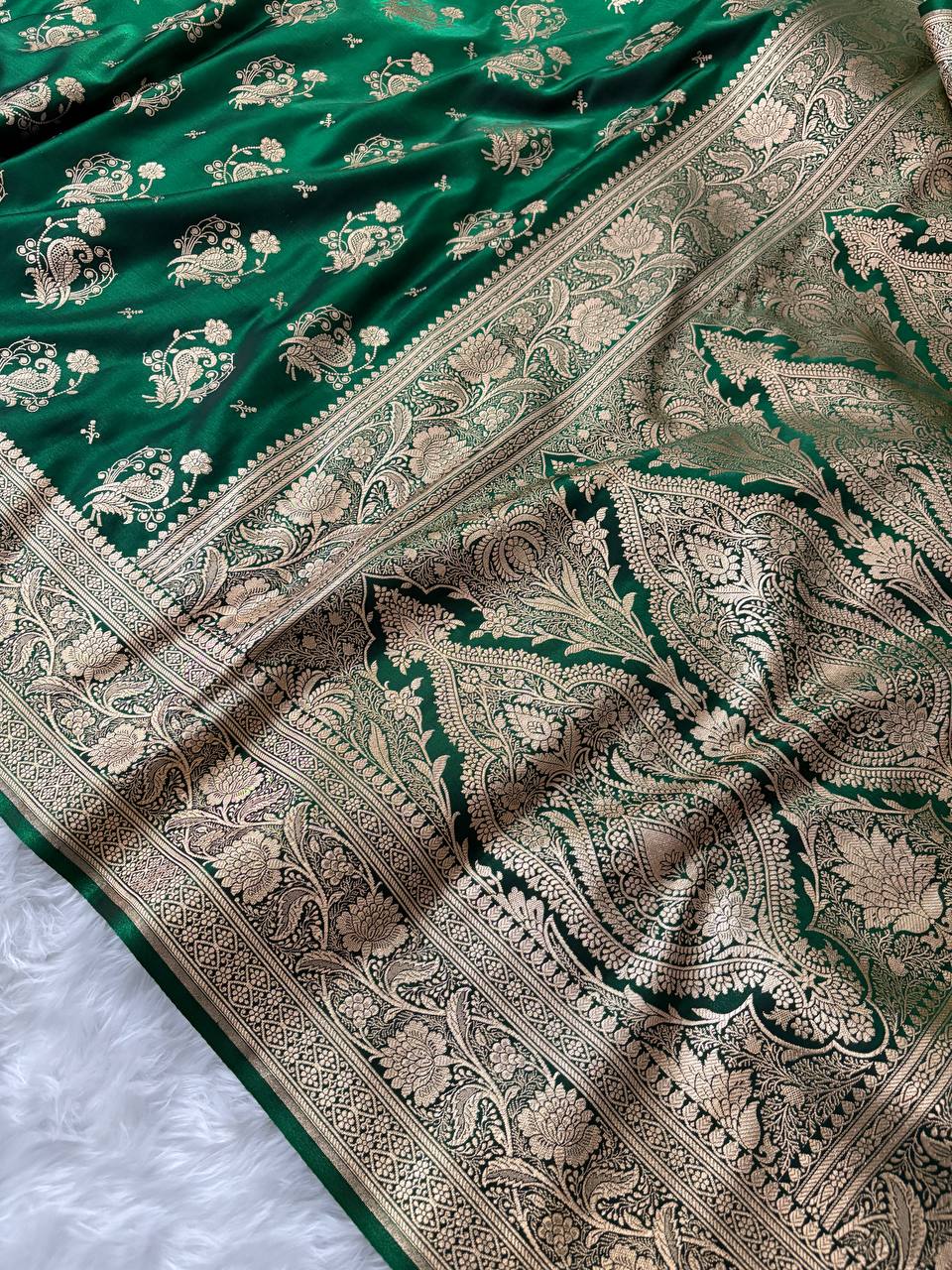 MorPankhi Botel Green Satin Silk Banarasi Saree