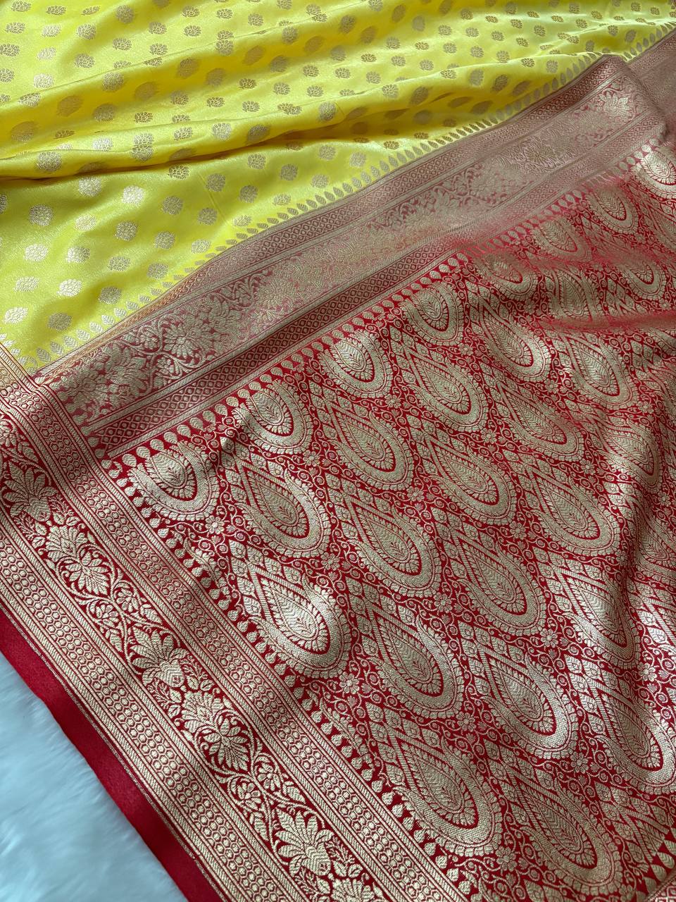 Lemon & Red Dual Colour Satin Silk Banarasi Saree in Buti Design
