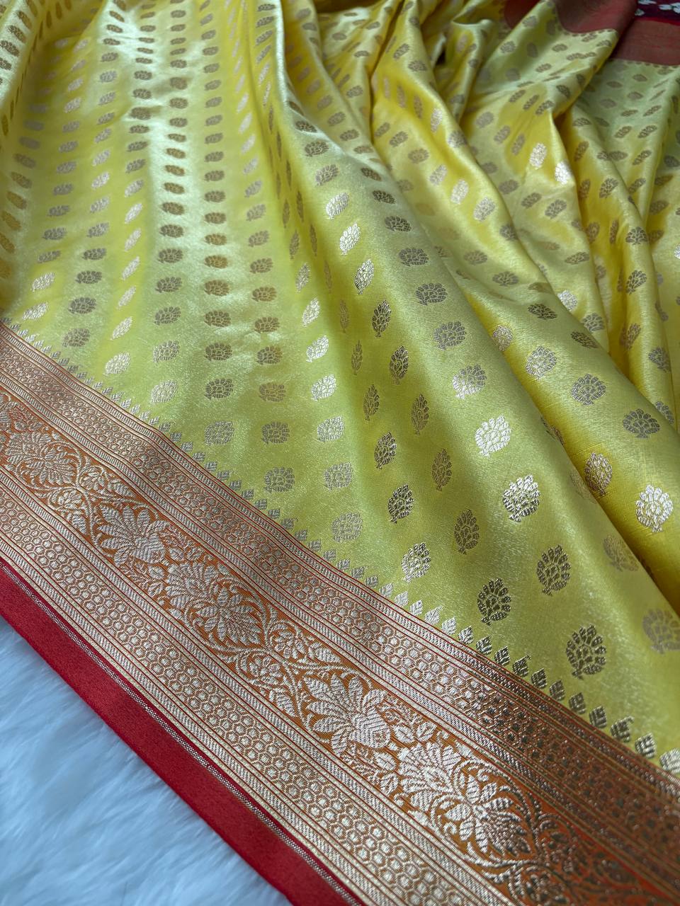 Lemon & Red Dual Colour Satin Silk Banarasi Saree in Buti Design