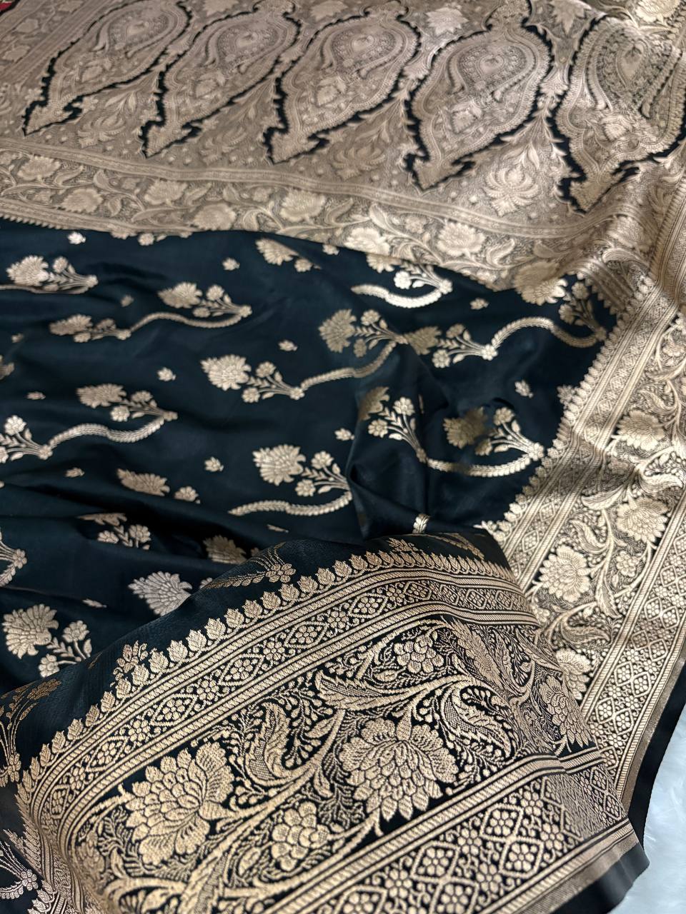 Black Satin Silk Banarasi Saree – Tircha Jaal Pattern