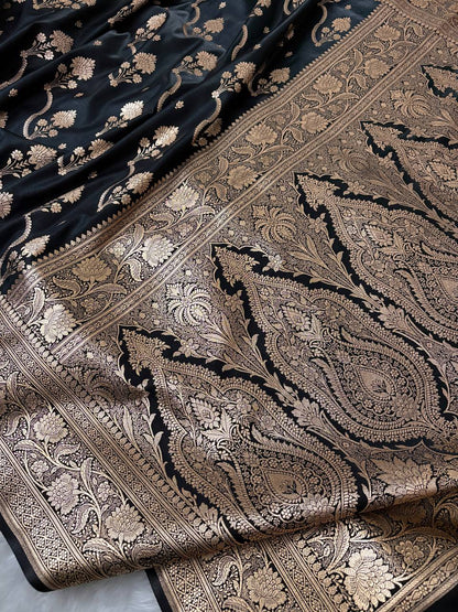 Black Satin Silk Banarasi Saree – Tircha Jaal Pattern