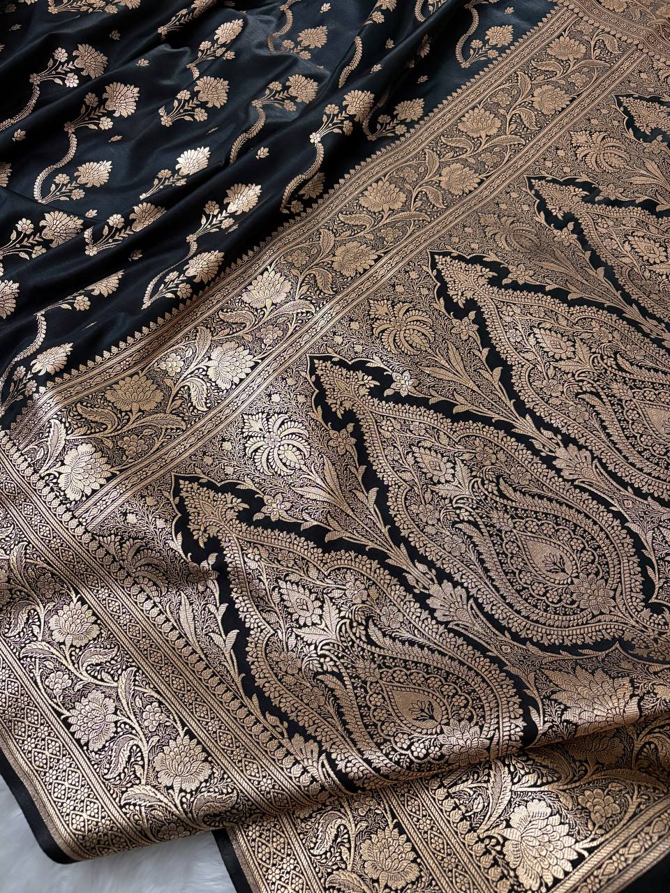 Black Satin Silk Banarasi Saree – Tircha Jaal Pattern
