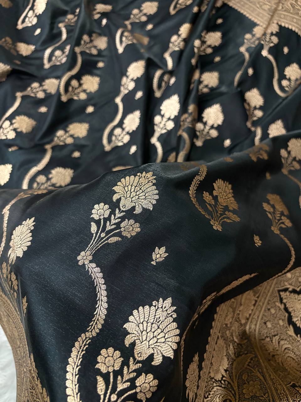 Black Satin Silk Banarasi Saree – Tircha Jaal Pattern