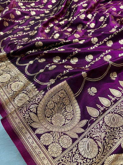Magenta Araa Jaal Satin Silk Banarasi saree