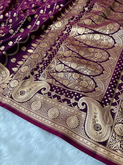 Magenta Araa Jaal Satin Silk Banarasi saree