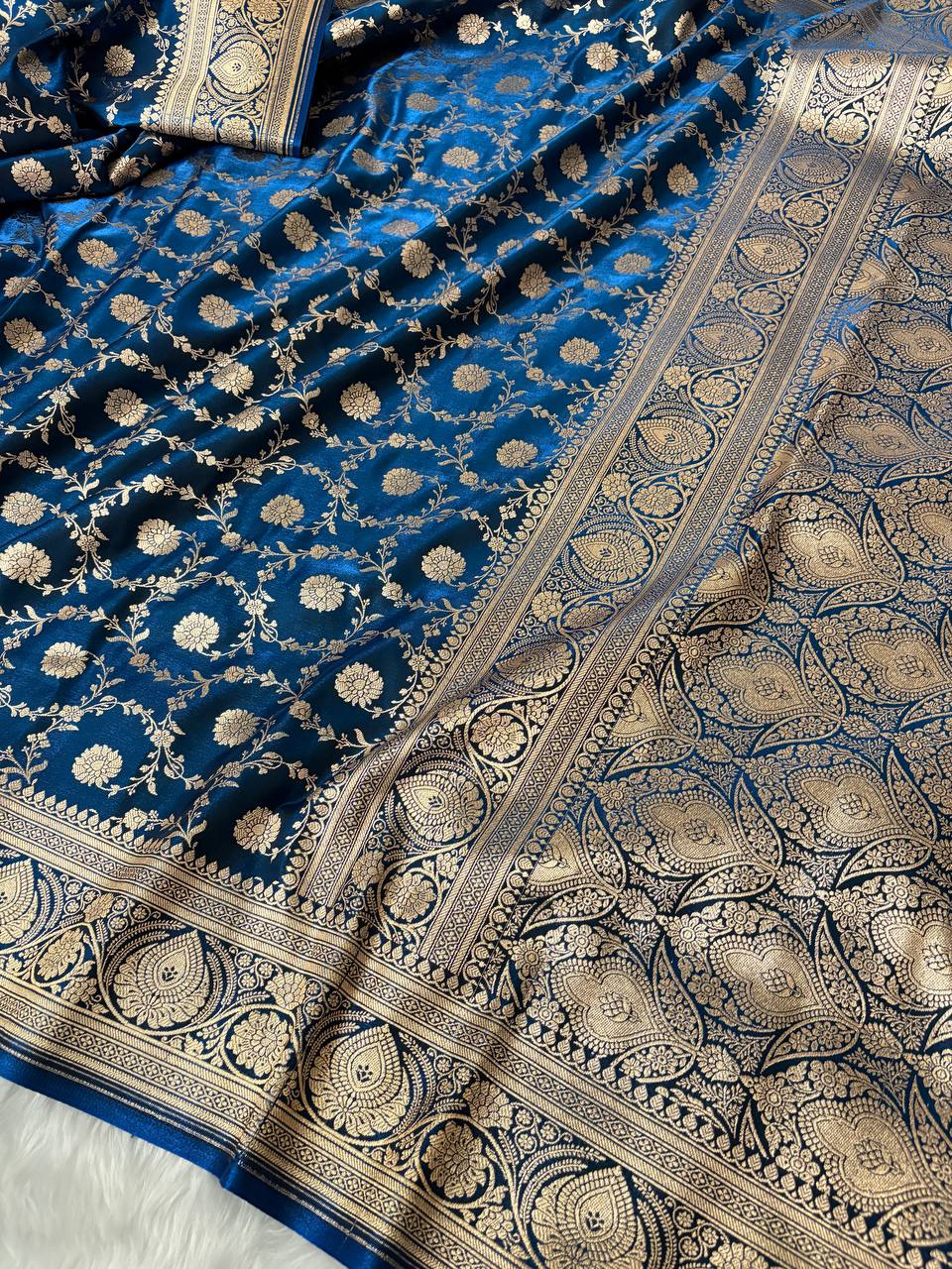 Royal Blue Dual Tone Satin Silk Banarasi Saree in Floral Jaal Pattern